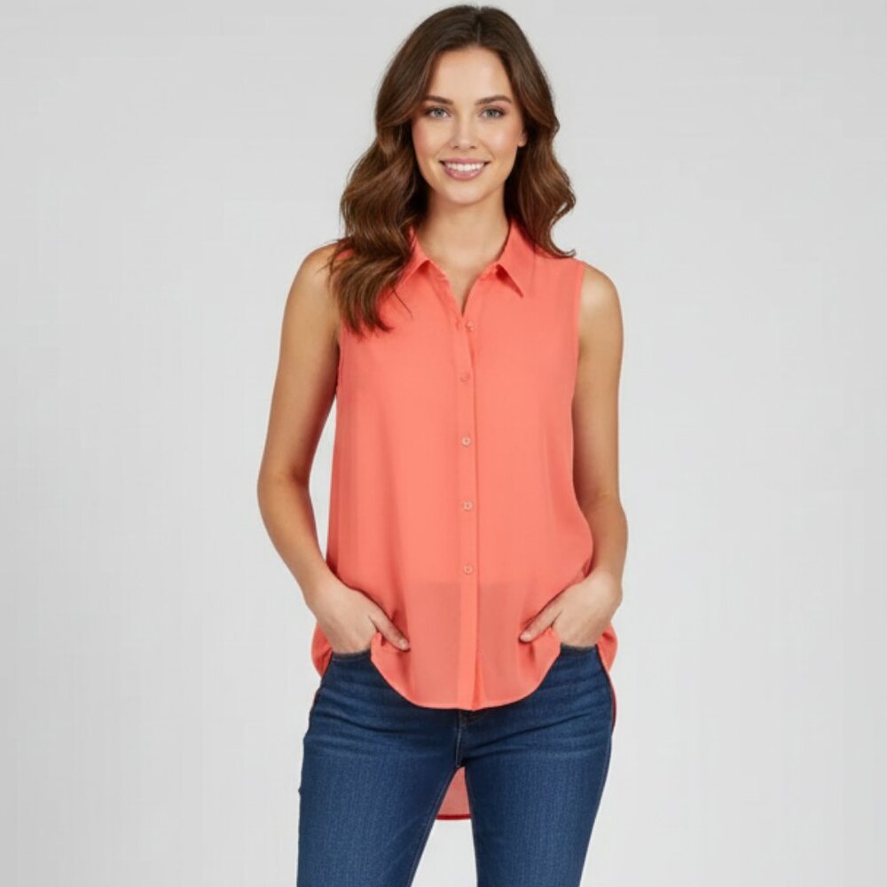 Nado Women's Blouse Sheer Button Down Front Collared Flowy Sleeveless Orange S